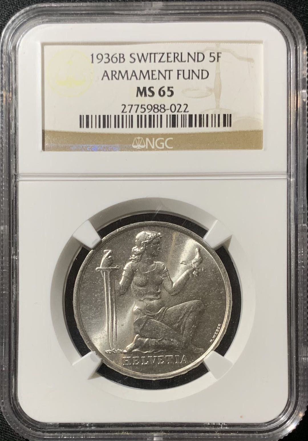 紫瑗钱币—微拍第134期  瑞士 1936年 联邦军备基金 5法郎 银币 NGC MS65