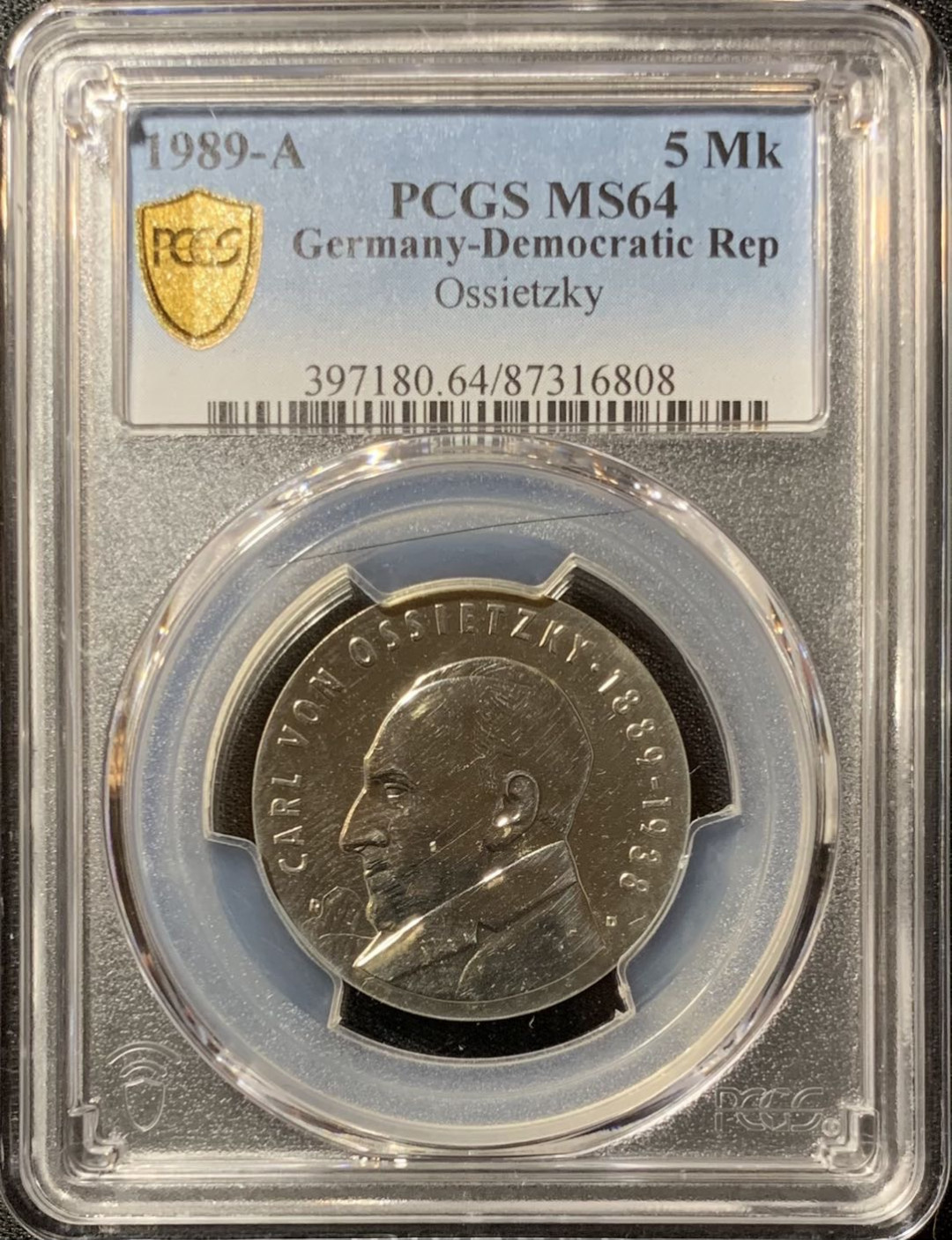 紫瑗钱币—微拍第134期  东德 1989年 卡尔·冯·奥西茨基诞辰100周年 5马克 PCGS MS64