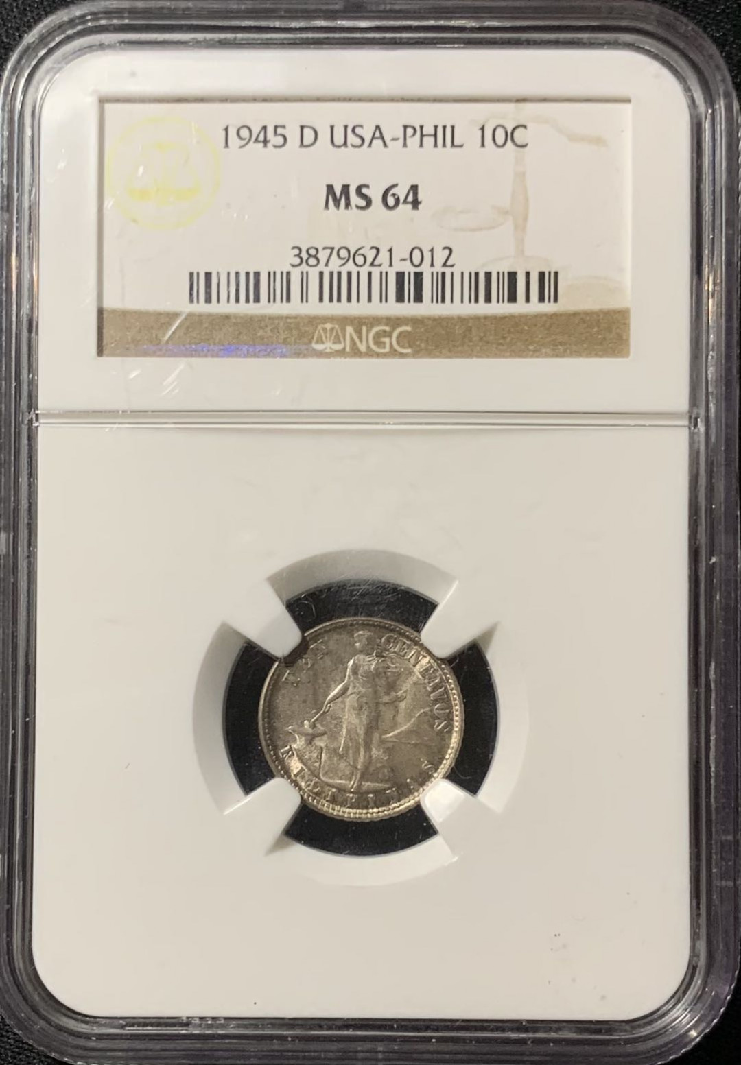 紫瑗钱币—微拍第134期  美属菲律宾 1945年 10分 银币 NGC MS64 彩色包浆