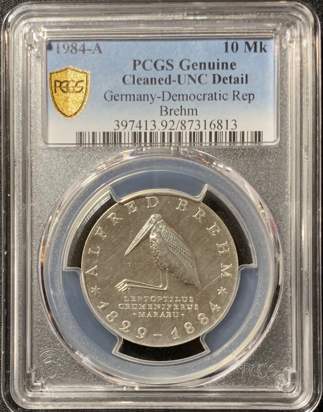 紫瑗钱币—微拍第134期  东德 1984年 阿尔弗雷德·布雷姆逝世100周年 10马克 PCGS UNC Detail