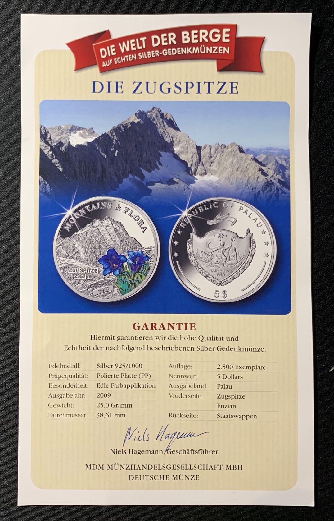 紫瑗钱币—微拍第134期  帕劳 2009年 楚格峰和蓝花 5元 彩色银币 25克 0.925银 精制 带证书