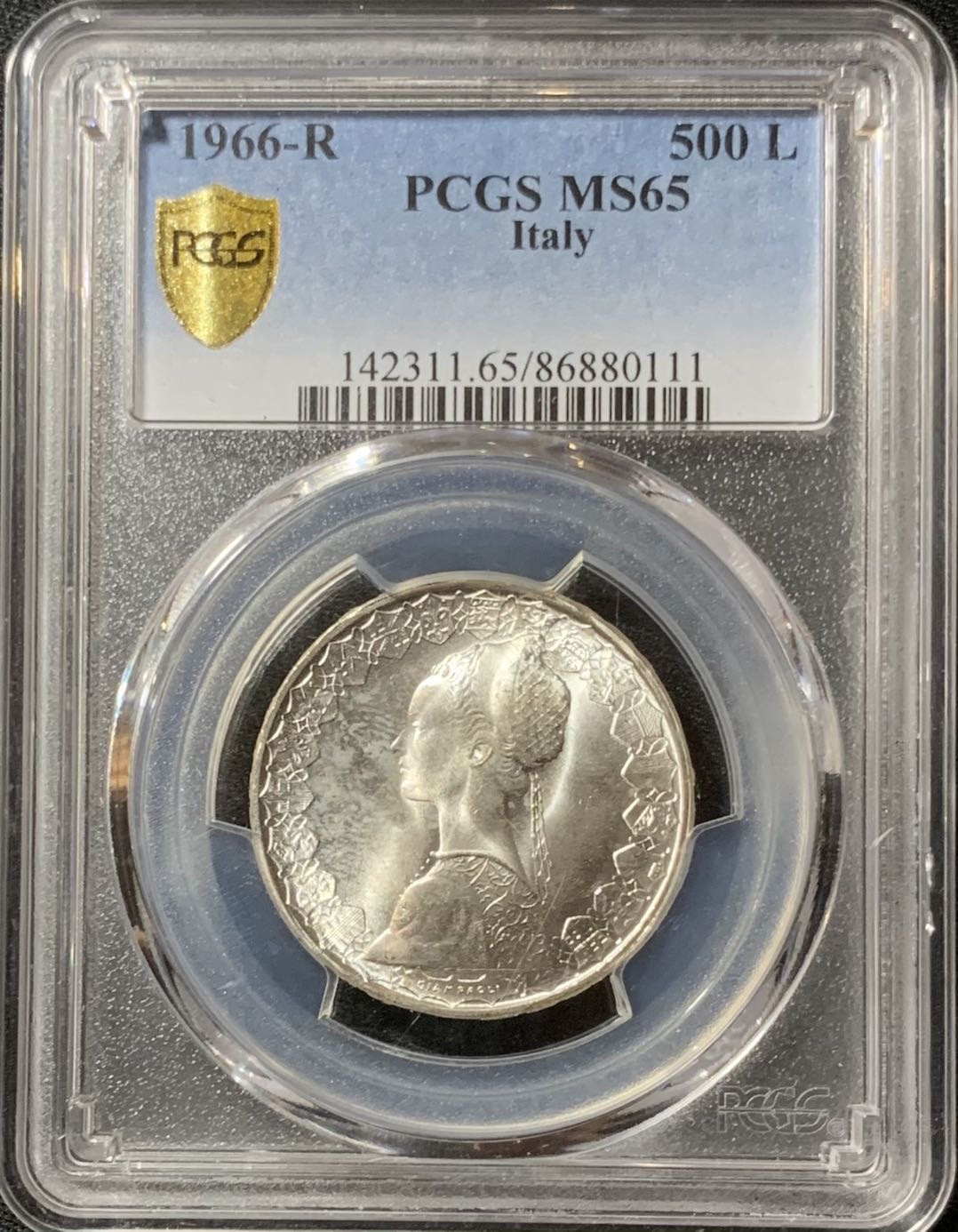 紫瑗钱币—微拍第134期  意大利 1966年 少女 500里拉 11克 0.835银币 PCGS MS65