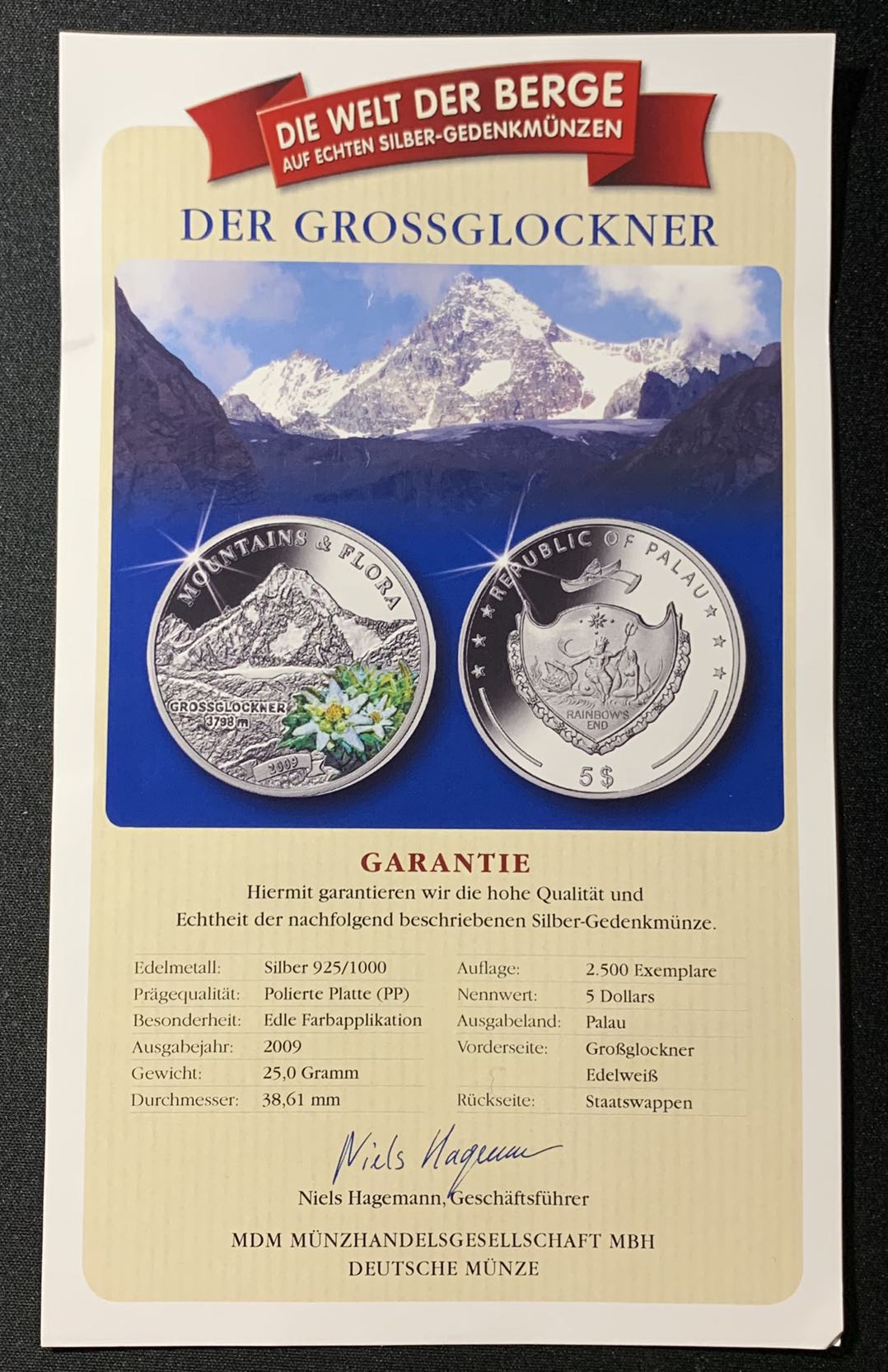紫瑗钱币—微拍第134期  帕劳 2009年 大格洛克纳山和白花 5元 彩色银币 25克 0.925银 精制 带证书