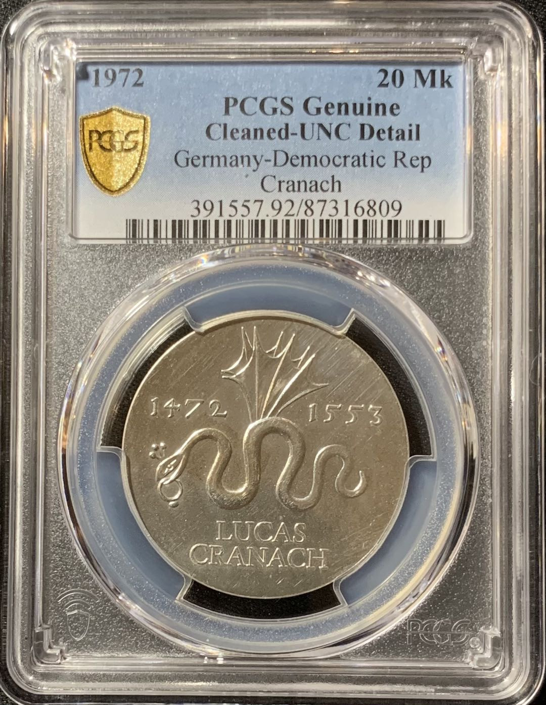 紫瑗钱币—微拍第134期  东德 民主的国 1972年 卢卡斯·克拉纳赫诞辰500周年 20马克 银币 PCGS UNC Detail