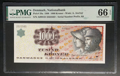 小福收藏拍卖 第7期 外钞PMG评级精选场 本期有丹麦浮雕高值 苏联冠军分 格陵兰岛冠军分 大蜥蜴等精品 - 丹麦 1998年 1000克朗 PMG66E 亚军分 A0首发冠 非全息初版 全程无47