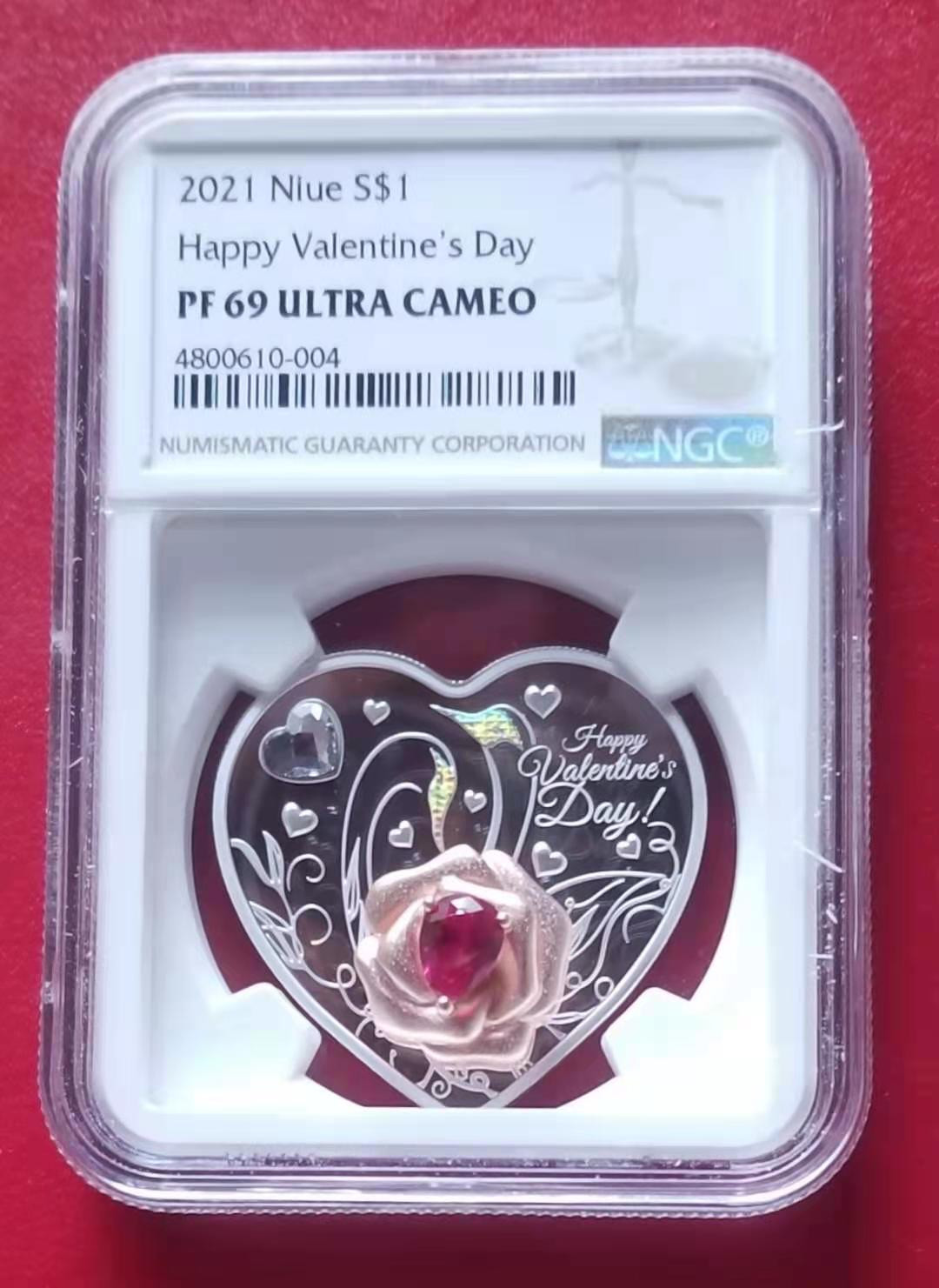 【币观天下】第142期钱币拍卖 NGC纽埃2021年快乐情人节心形水晶镶嵌银币评级币