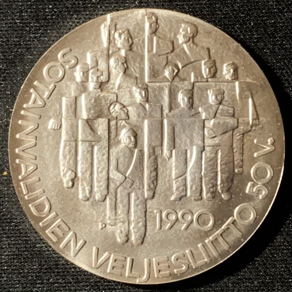 紫瑗钱币—微拍第135期  芬兰 1990年 退伍伤残老兵协会 100马克 24克 0.925银 UNC