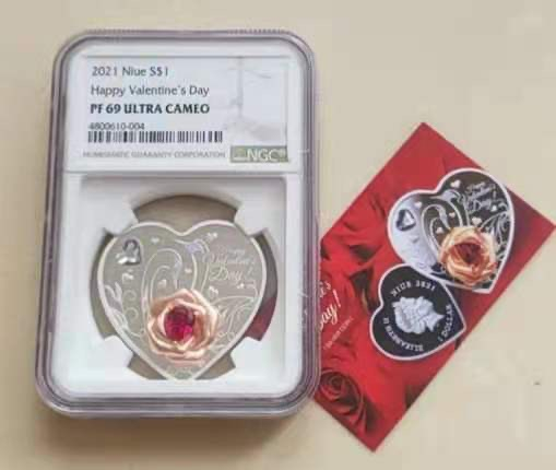 【币观天下】第142期钱币拍卖 NGC纽埃2021年快乐情人节心形水晶镶嵌银币评级币