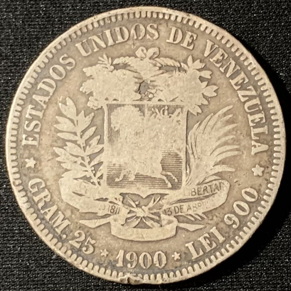 紫瑗钱币—微拍第135期  委内瑞拉 1900年 5玻璃瓦尔 25克 0.9银 早期年份