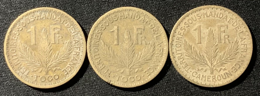 紫瑗钱币—微拍第135期  法属多哥 1924 1925 1926年 1法郎 3枚一组