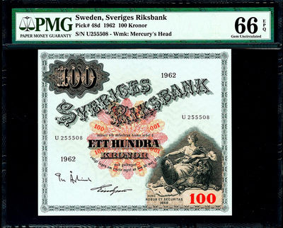 【Blue Auction】世界纸币精拍第75期——滚铁环的小男孩（共60拍） - 【无47】瑞典 1962年 100克朗 早期 大方块 PMG66EPQ 精美