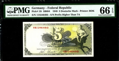 【Blue Auction】世界纸币精拍第77期——冥王普鲁托（共48拍） - 德国 1948年 5马克 PMG66EPQ 绝品 神话中欧罗巴的由来