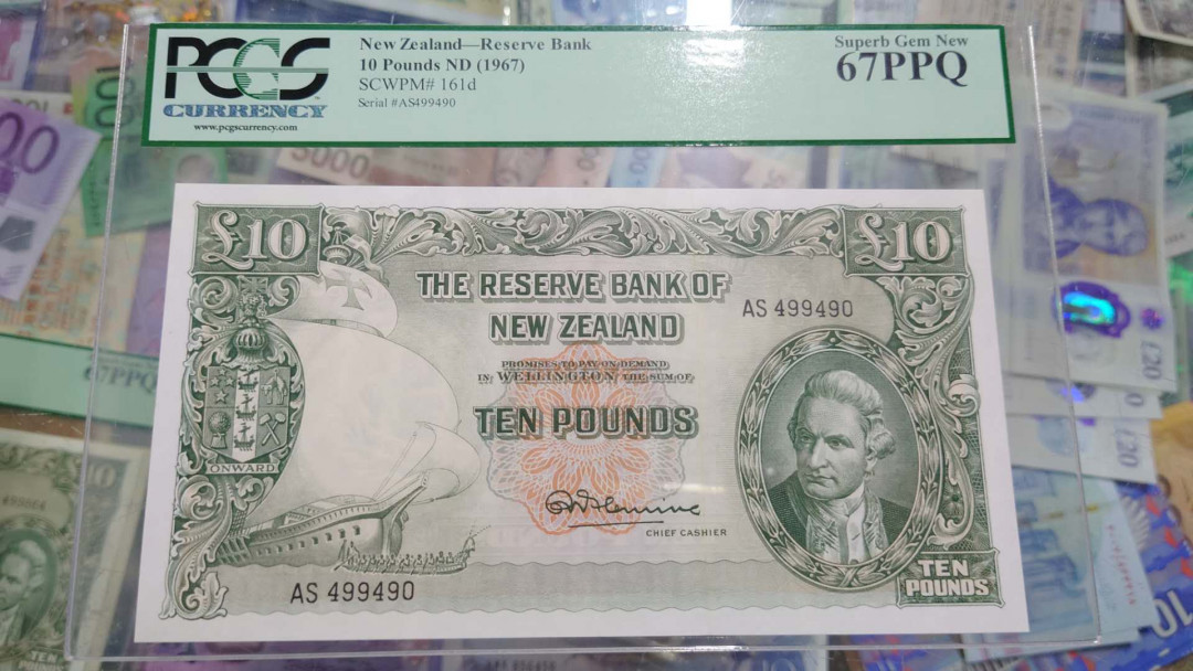更新完毕【囧羊收藏】精选微拍第20期暨2021年第11期 世界精选货币 1967年新西兰储备银行10元 库克船长 PCGS67 尾号490