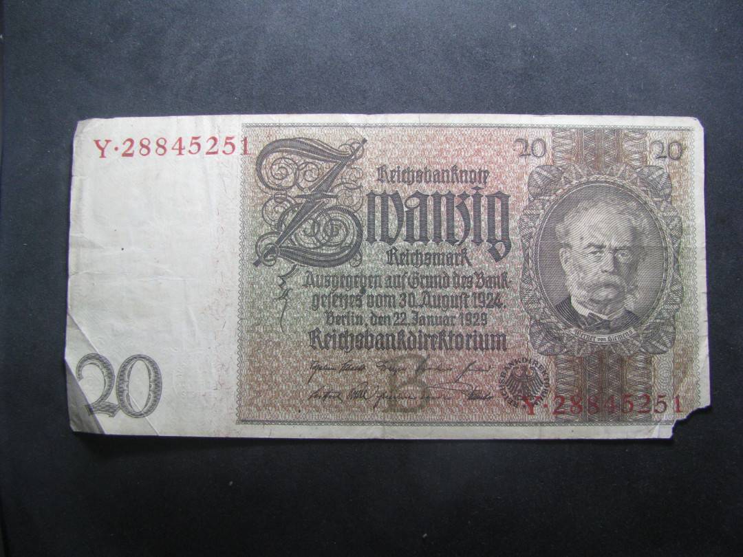 2021“王之爱好”第一期~外国纸币 德国马克：1929年，20马克，纸币