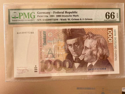 【Blue Auction】世界纸币精拍第78期——世界地球日专场【精】（共40拍） - 【AA 冠】德国1991年1000马克PMG66EPQ 格林兄弟