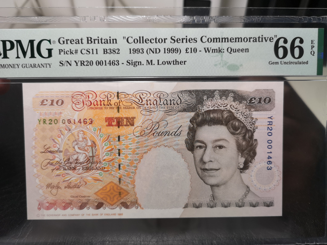 《外钞收藏家》第一百零七期拍卖 1993年英国E序列10镑  PMG66 1436千位号