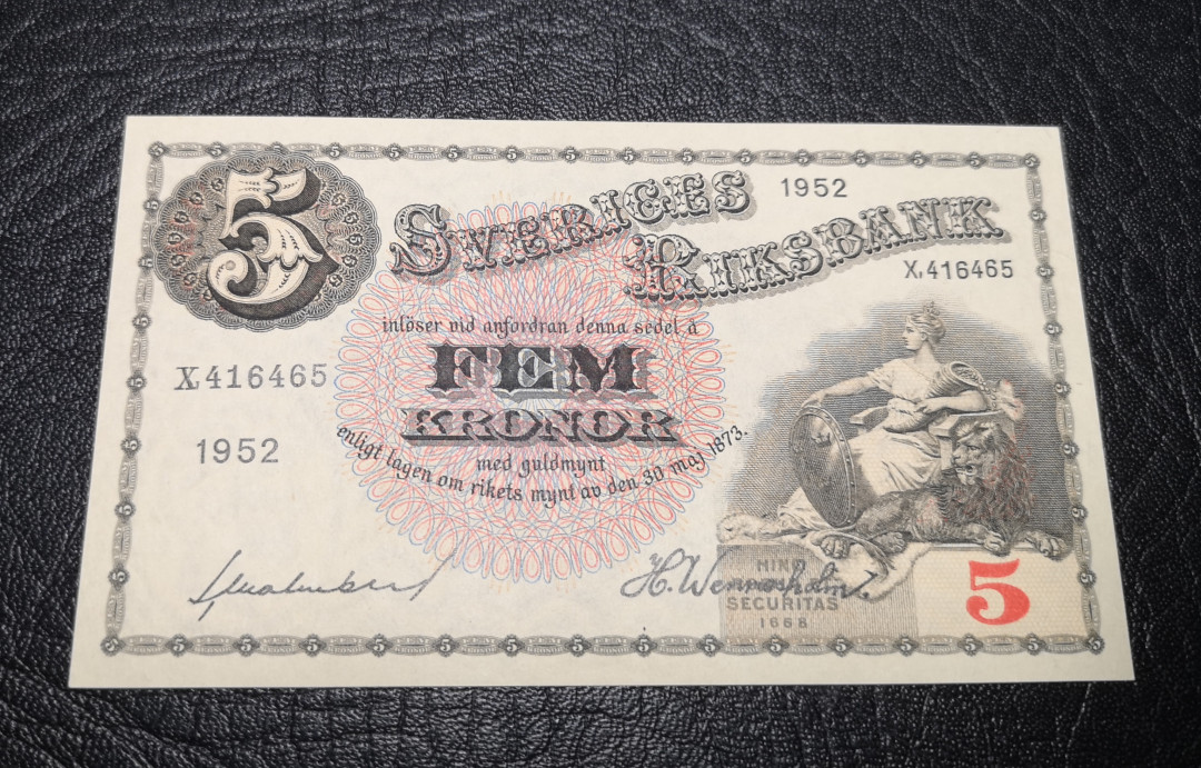 《外钞收藏家》第一百零七期拍卖 1952年瑞典5克朗 全新UNC