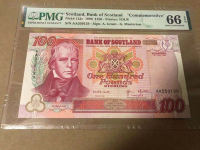 【Blue Auction】世界纸币精拍第81期——喜迎五一劳动节特拍（共98拍） - 【AA冠】苏格兰 1999年100镑 PMG66EPQ 纪念钞 