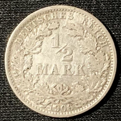 紫瑗钱币—微拍第136期  - 德国 第二帝国 1906年 A版 1/2马克 2.77克 0.9银