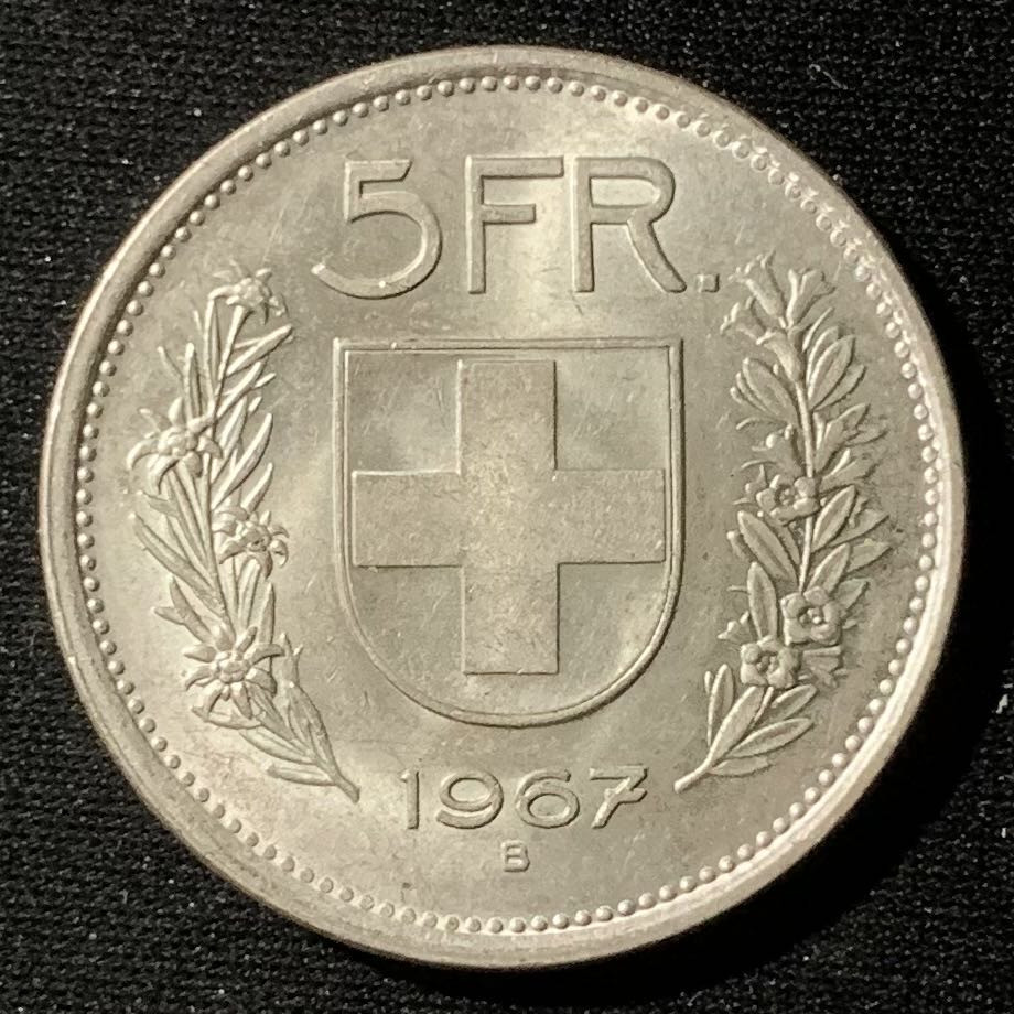 紫瑗钱币—微拍第136期  瑞士 1967年 威廉▪泰尔 5法郎 15克 0.835银 UNC