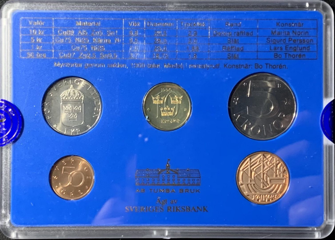 紫瑗钱币—微拍第136期  瑞典 1995年 50欧尔—10克朗 4枚套 带纪念章 原厂盒