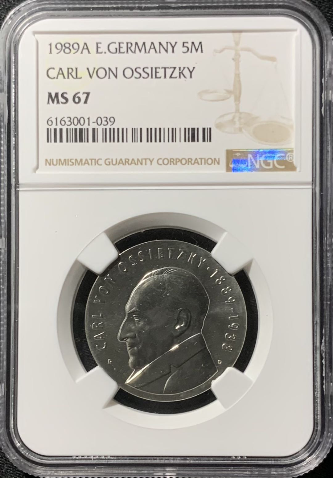 紫瑗钱币—微拍第136期  德国 东德 1989年 卡尔奥西茨基诞辰100周年 5马克 NGC MS67