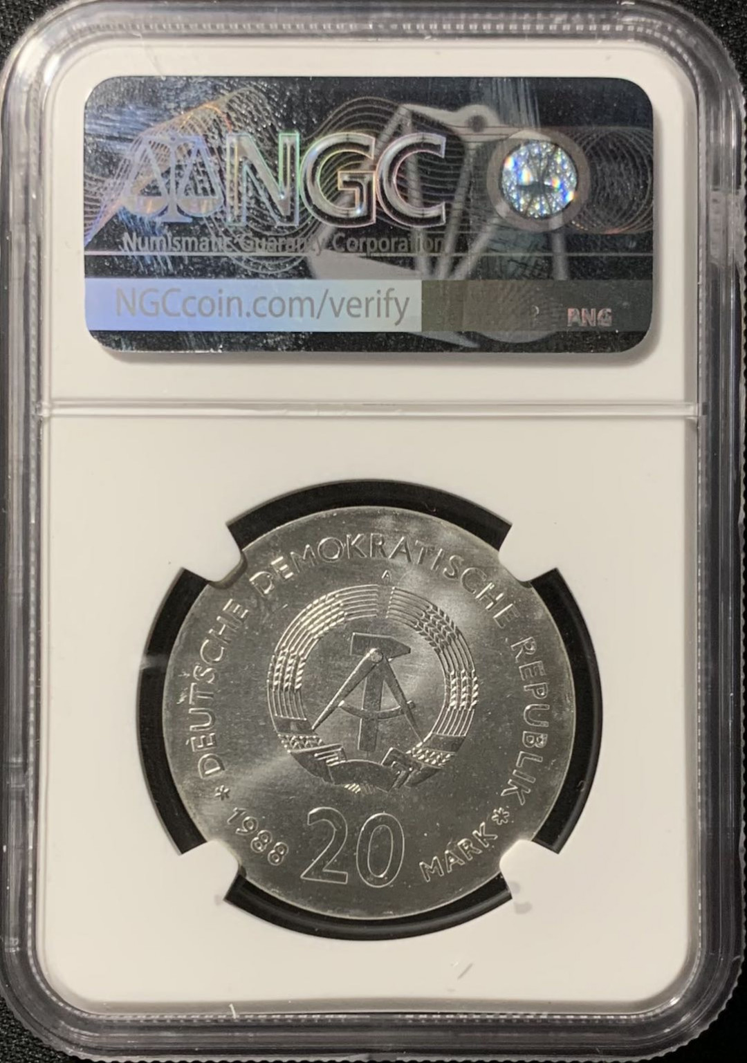 紫瑗钱币—微拍第136期  德国 东德 1988年 卡尔▪蔡司逝世100周年 20马克 银币 NGC MS68