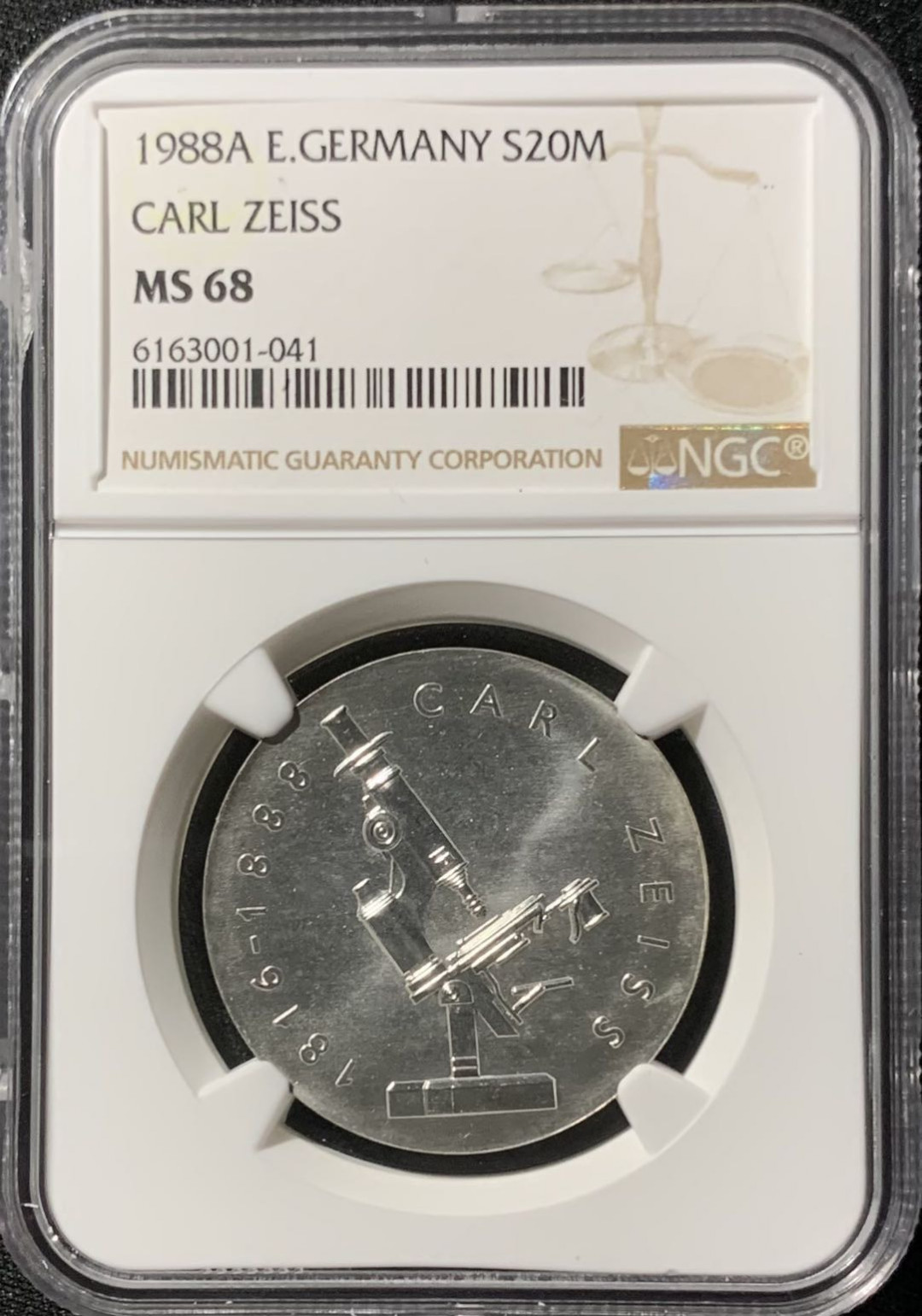 紫瑗钱币—微拍第136期  德国 东德 1988年 卡尔▪蔡司逝世100周年 20马克 银币 NGC MS68