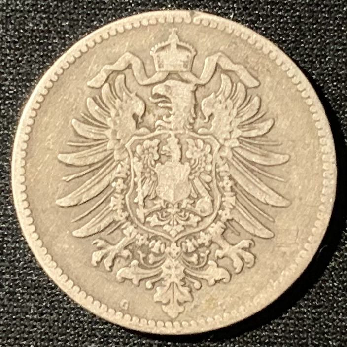 紫瑗钱币—微拍第136期  德国 第二帝国 1874年 G厂 短翅  1马克 5.5克 0.9银