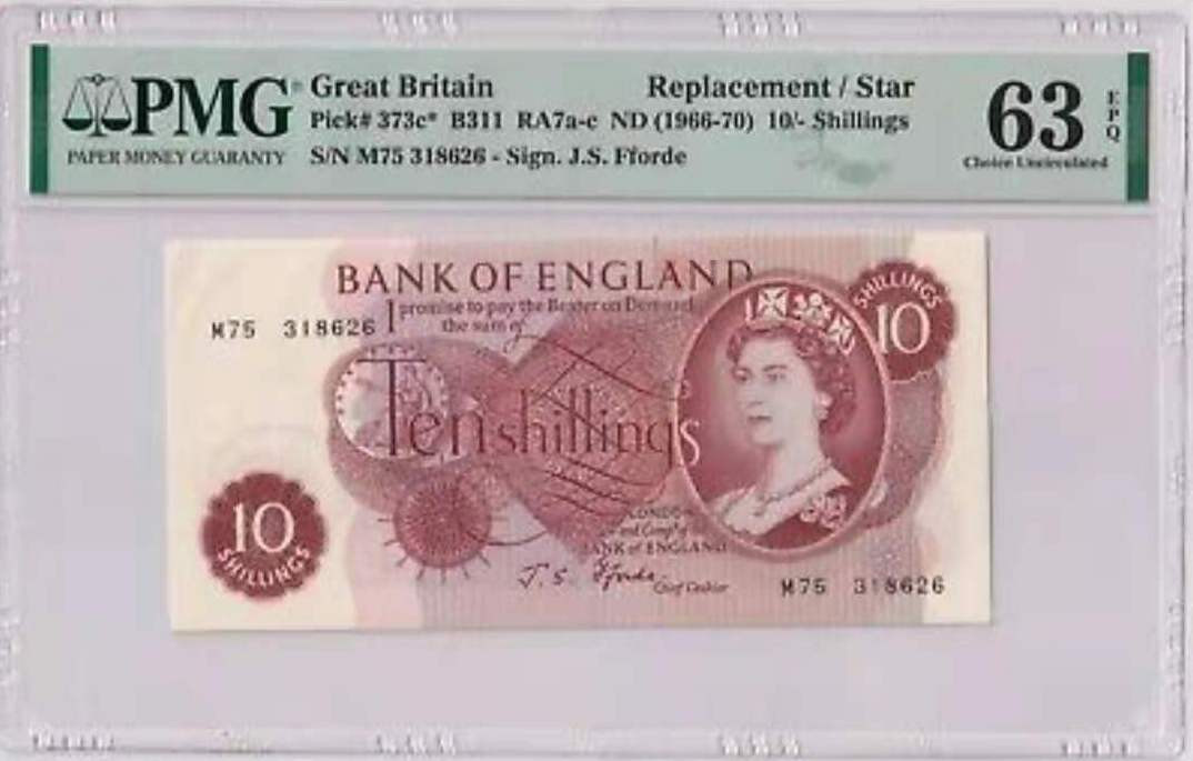 《外钞收藏家》第一百零八期拍卖 英国C序列10先令 近全新 测光如图疑似软折  连号评级63e 做参考补号