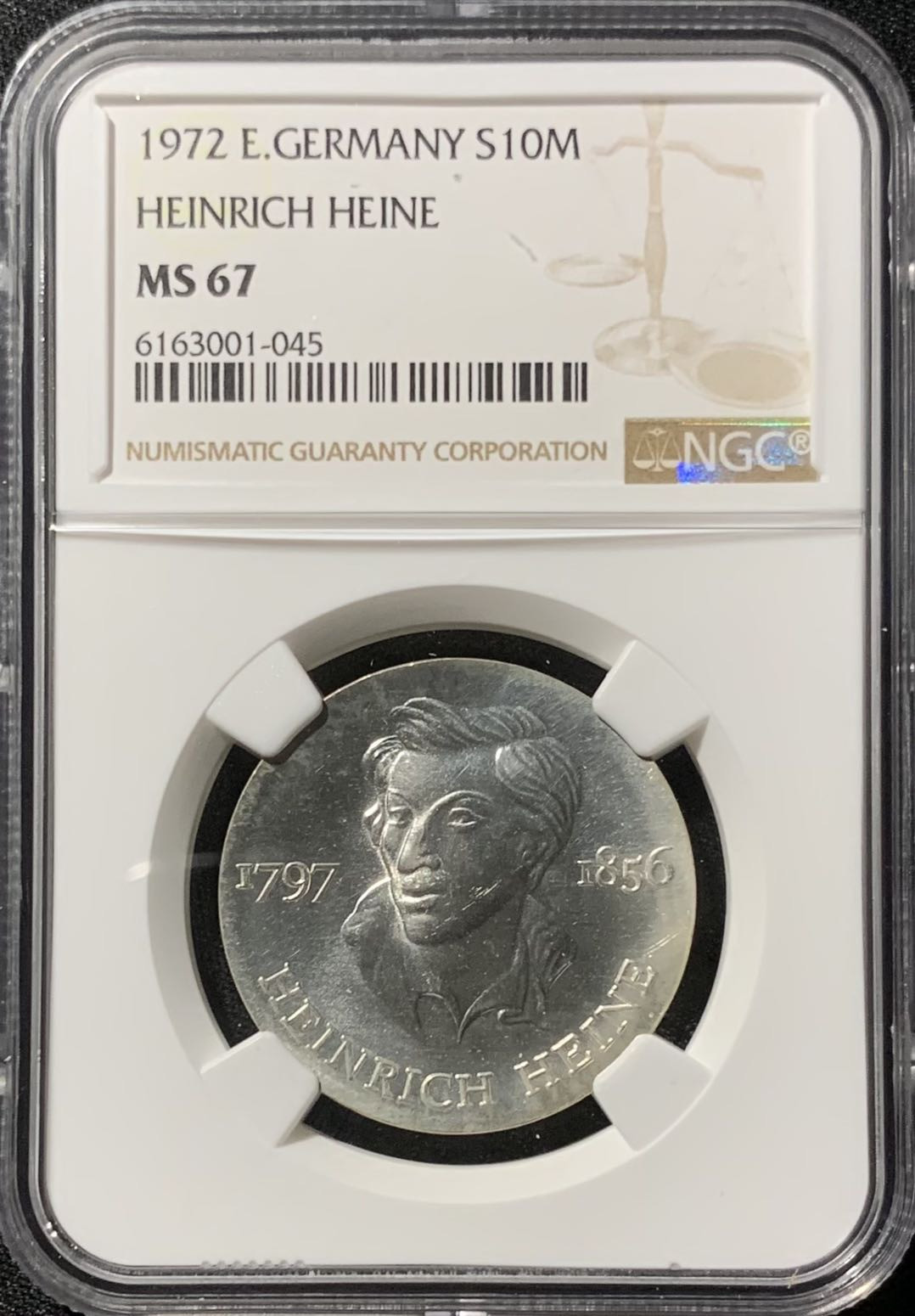 紫瑗钱币—微拍第136期  德国 东德 1972年海涅诞辰175周年 10马克 银币 NGC MS67