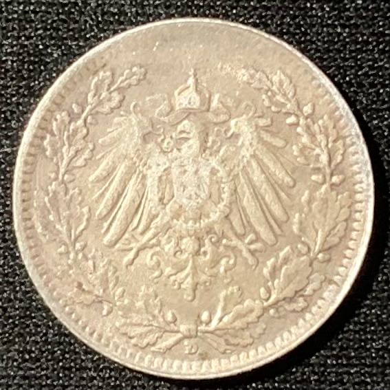紫瑗钱币—微拍第136期  德国 第二帝国 1919年 D厂 1/2马克 2.77克 0.9银