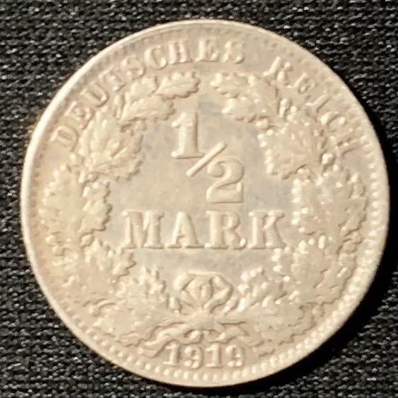 紫瑗钱币—微拍第136期  德国 第二帝国 1919年 D厂 1/2马克 2.77克 0.9银