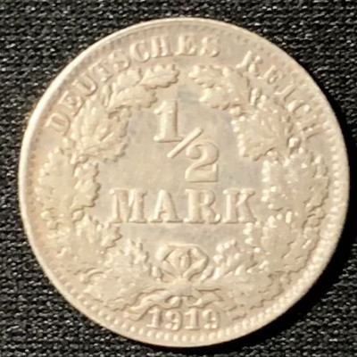 紫瑗钱币—微拍第136期  - 德国 第二帝国 1919年 D厂 1/2马克 2.77克 0.9银