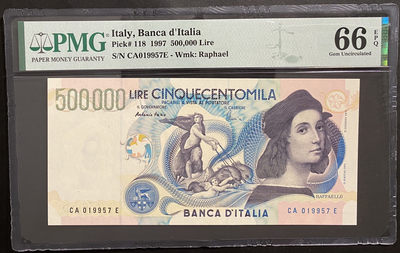 小福收藏拍卖第12期 外钞+香港PMG评级币专场 本场有拉斐尔 格陵兰 法属吉布提 南非初版豹子 丹麦等精品！还有各种高分和特殊号码！ - 意大利 拉斐尔 1997年 500000里拉 PMG66E 季军分