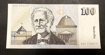 小福收藏拍卖第13期  外币裸钞场 本期80拍 有新加坡鸟100 爱尔兰叶芝 澳大利亚毛线帽 新西兰高冠女王 伊拉克高值 等等  - 澳大利亚 1984-1992年 100元 双尾77 毛线帽