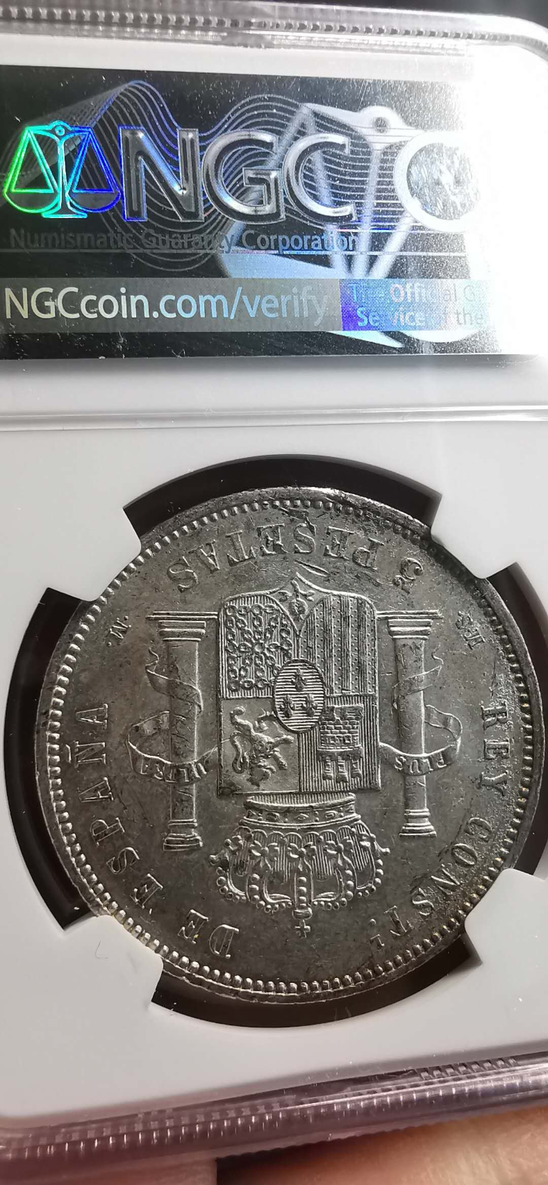 凡希社世界钱币微拍第一百五十六期 1883西班牙阿方索十二5比赛塔大银NGC-UNCD