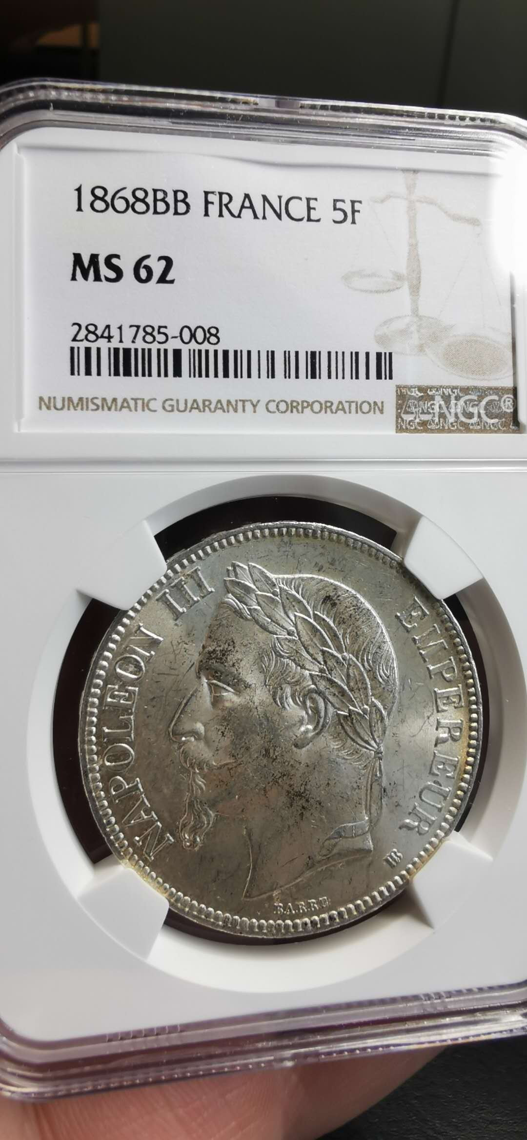 凡希社世界钱币微拍第一百五十六期 1868法兰西拿三5法郎大银NGC-MS62