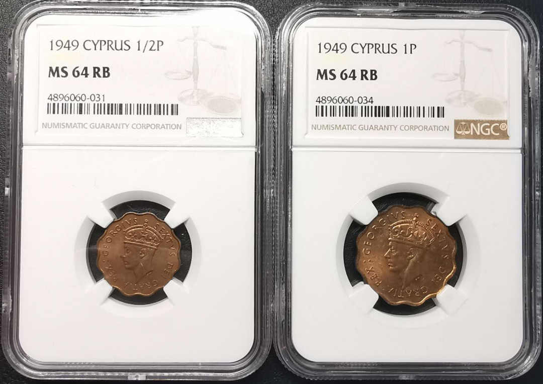 凡希社世界钱币微拍第一百五十六期 1949英属塞浦路斯铜辅币两枚一组NGC-MS64铜光很足！