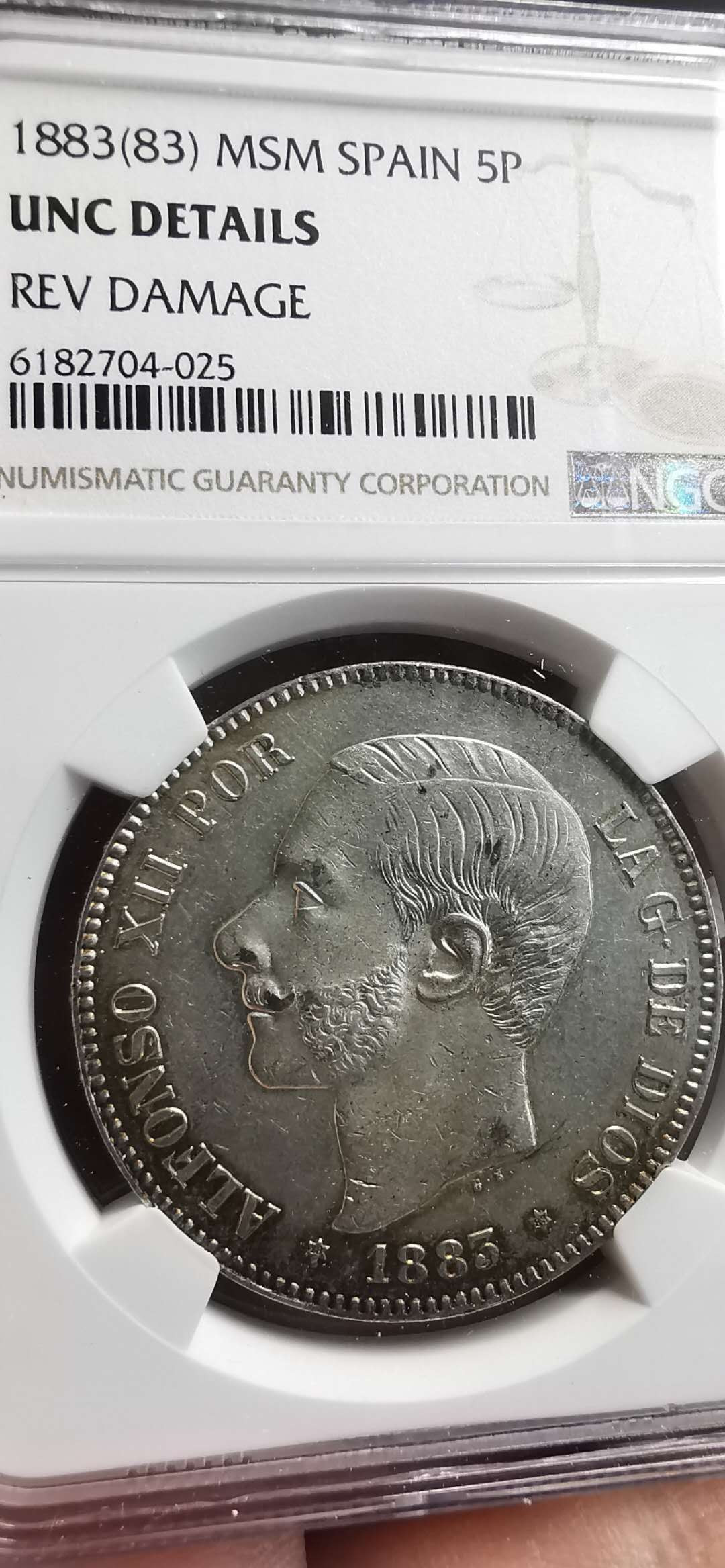 凡希社世界钱币微拍第一百五十六期 1883西班牙阿方索十二5比赛塔大银NGC-UNCD