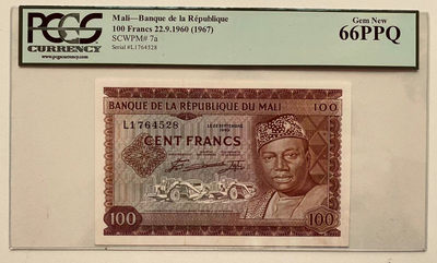 【Blue Auction】世界纸币精拍第84期【精】——阿堤特兰湖（共90拍） - 马里 早期 1960年100法郎 PCGS66EPQ  p7a  精美 