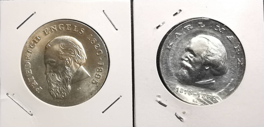 凡希社世界钱币微拍第一百五十六期 东德马克思恩格斯纪念20马克银币一对AU/UNC