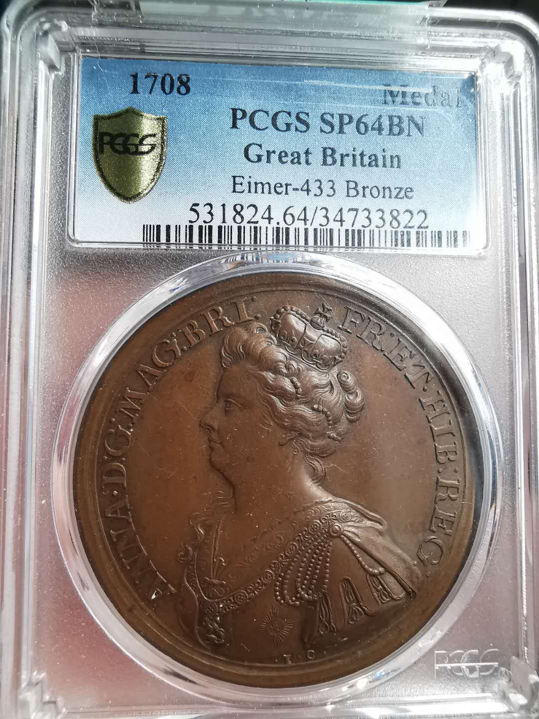 凡希社世界钱币微拍第一百五十六期 稀！1708英国安妮女王纪念大铜章PCGS-MS64