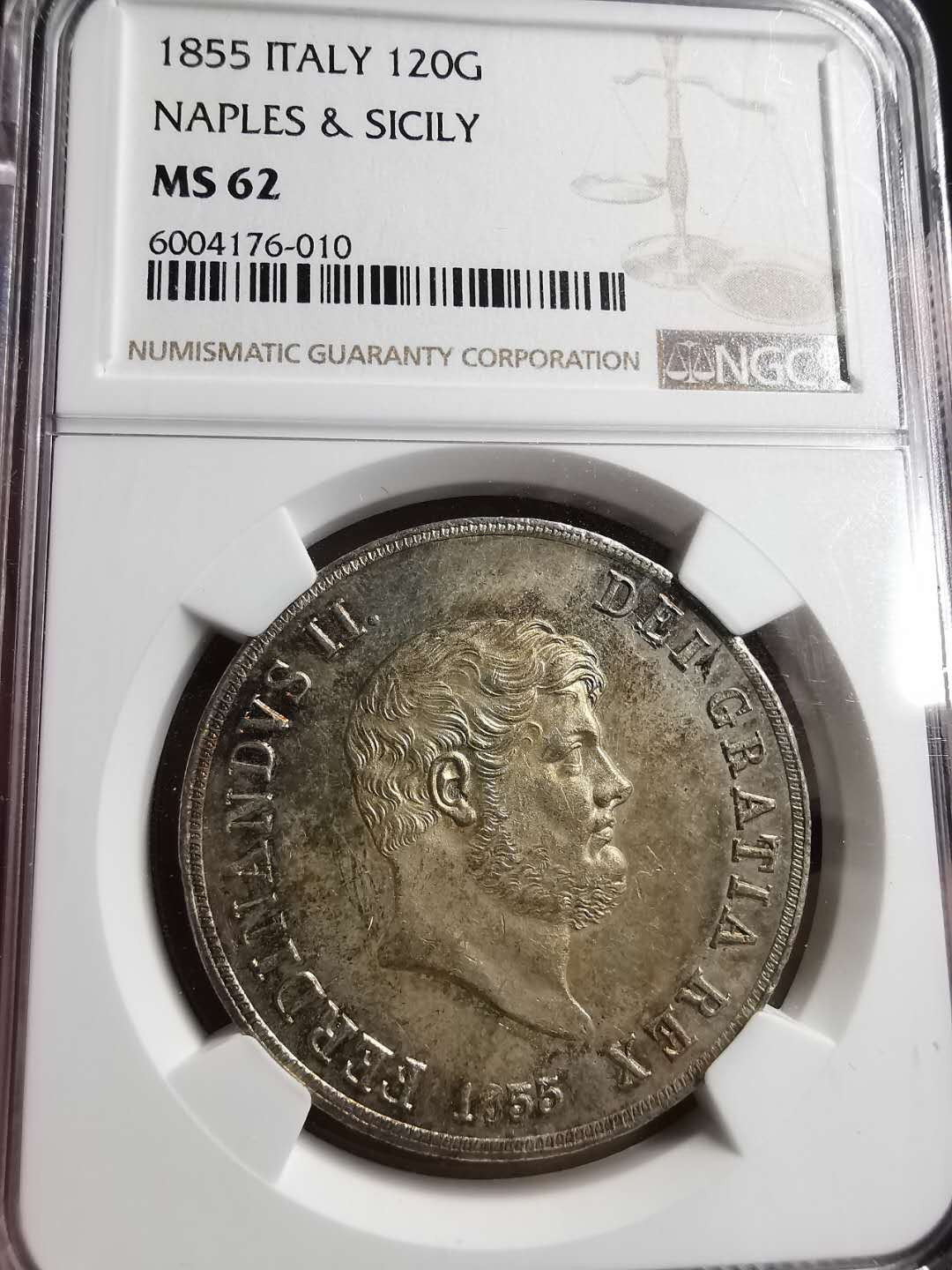 凡希社世界钱币微拍第一百五十六期 1855那不勒斯120G大银NGC-MS62