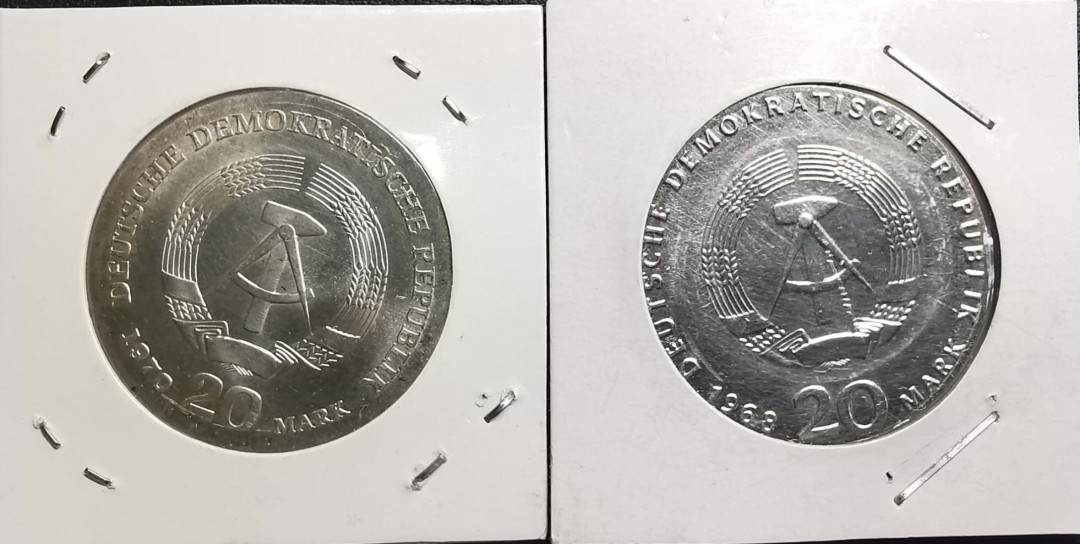 凡希社世界钱币微拍第一百五十六期 东德马克思恩格斯纪念20马克银币一对AU/UNC