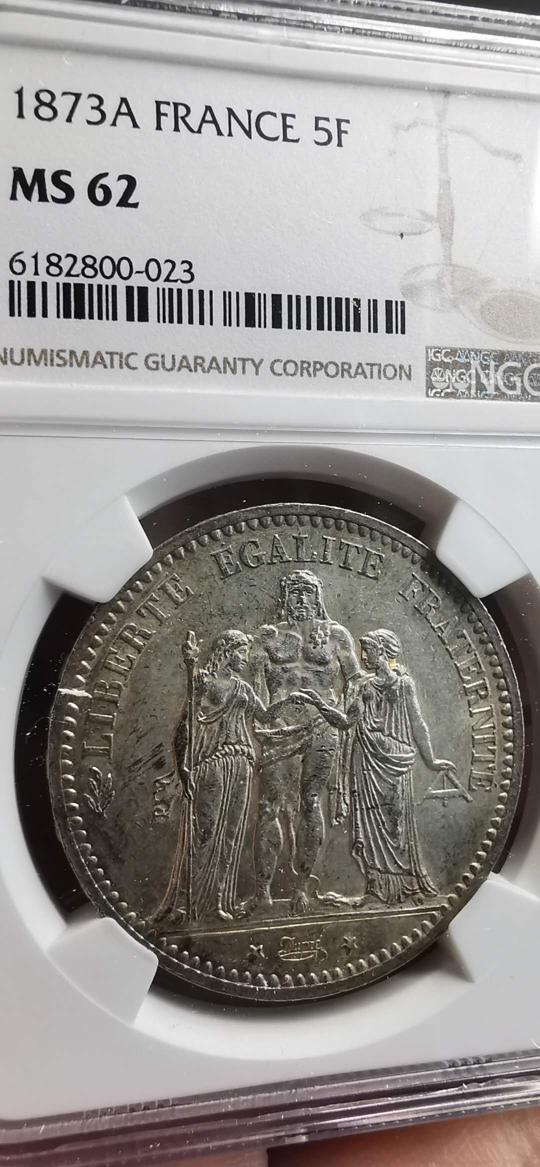 凡希社世界钱币微拍第一百五十六期 1873法国大力神5法郎NGC-MS62