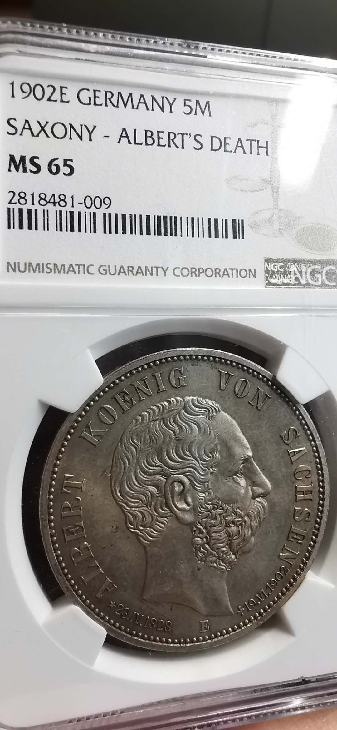 凡希社世界钱币微拍第一百五十六期 1902E萨克森5马克纪念大银NGC-MS65