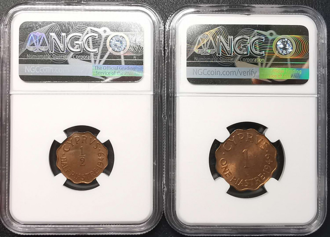 凡希社世界钱币微拍第一百五十六期 1949英属塞浦路斯铜辅币两枚一组NGC-MS64铜光很足！