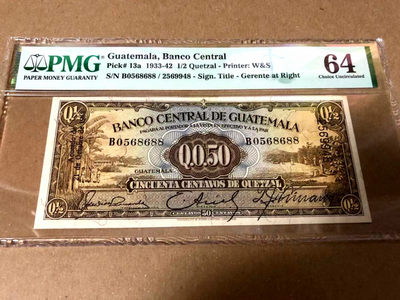 【Blue Auction】世界纸币精拍第84期【精】——阿堤特兰湖（共90拍） - 【88尾】危地马拉 早期 1933-42年 1/2 格查尔 稀少品种 正面是香蕉种植和咖啡种植 背面是危地马拉著名火山咖啡产区之一阿堤特兰湖 意境美
