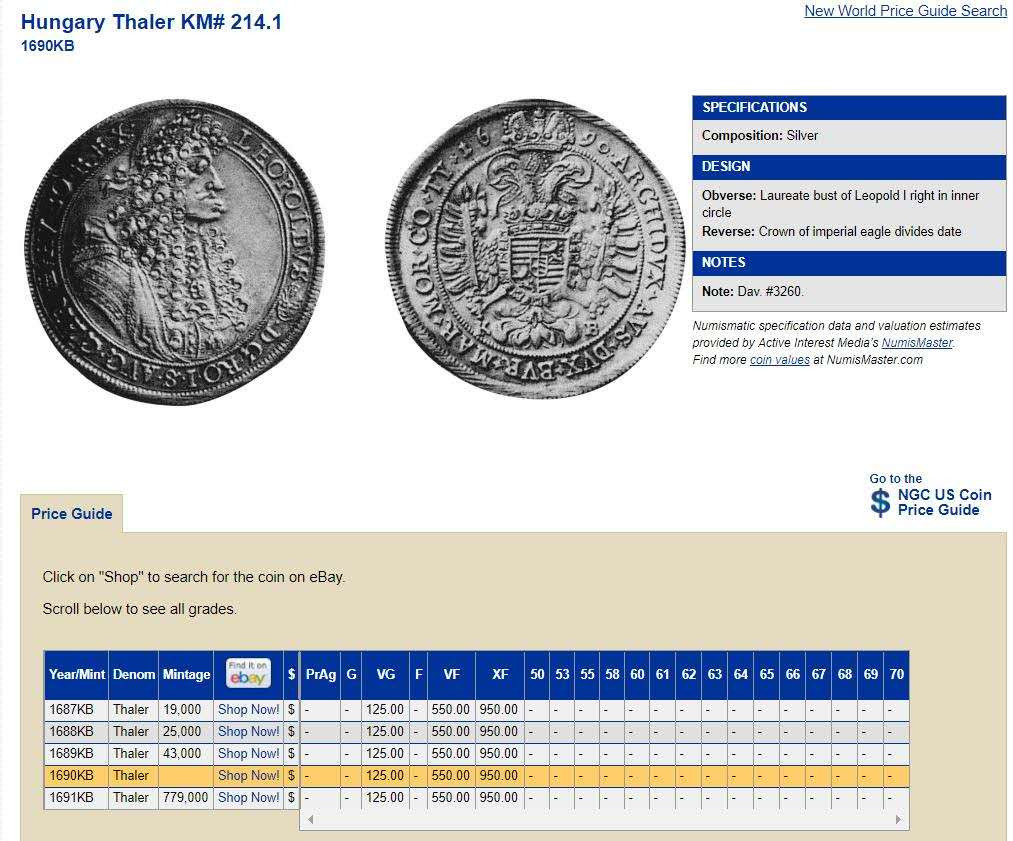 凡希社世界钱币微拍第一百五十六期 荐！1690神罗匈牙利利奥波德泰勒KB厂NGC-XFD少见版本！